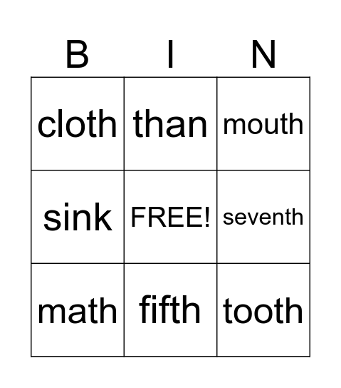 TH Sound Bingo with clues Bingo Card