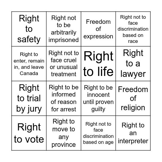 Charter of Rights and Freedoms Bingo Card
