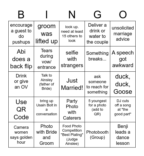Wedding Ainslee & Cole Bingo Card