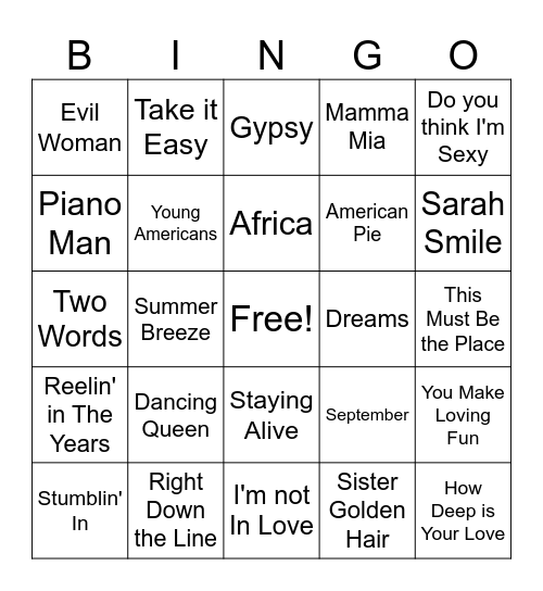 70s Bingo Round 1 Bingo Card