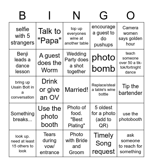 Ainslee & Cole Wedding Bingo Card