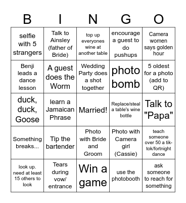 Ainslee & Cole Wedding Bingo Card