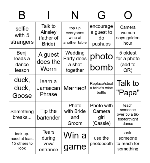 Ainslee & Cole Wedding Bingo Card