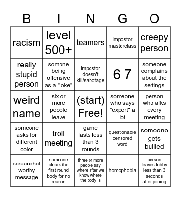 Among Us Bingo Card