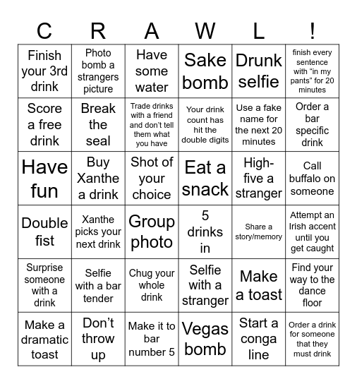 BAR CRAWL Bingo Card