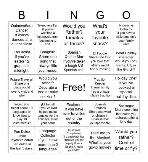 Bilingual Team Bingo Card