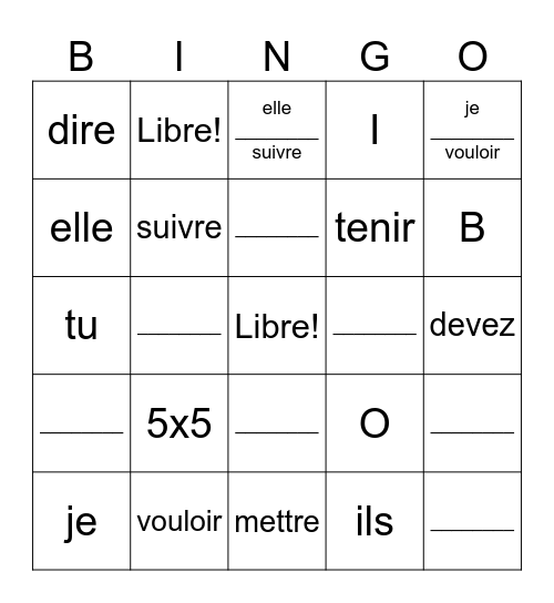 Indicadif présent de verbes irréguliers Bingo Card