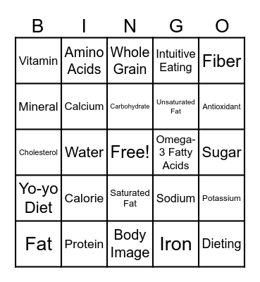 Nutrition Bingo Card