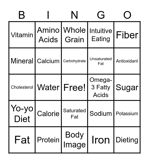Nutrition Bingo Card
