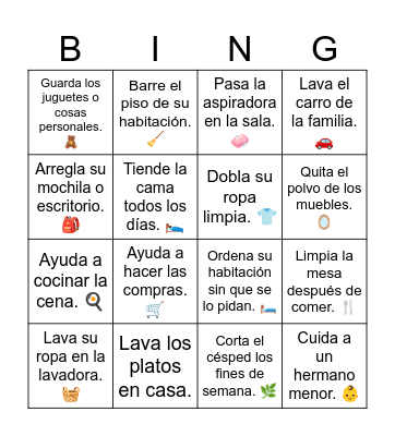 Quehaceres del hogar Bingo Card