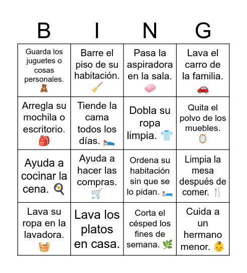 Quehaceres del hogar Bingo Card