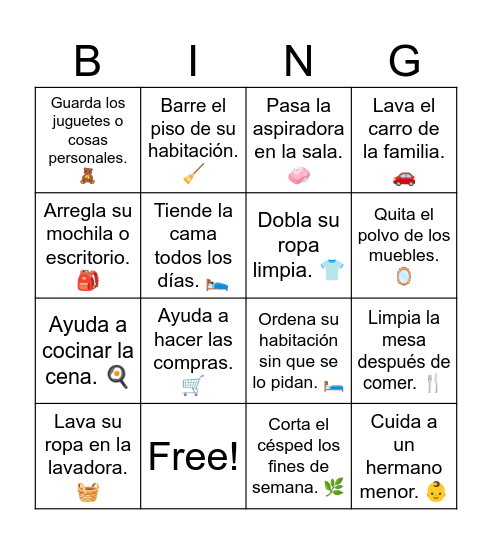 Los quehaceres de la casa Bingo Card