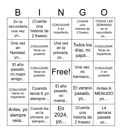 Imperfecto Bingo Card