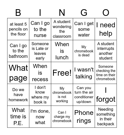 Teacher Bingo Card