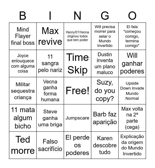 Stranger things Bingo Card