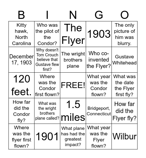 Who Flew First? Bingo Card