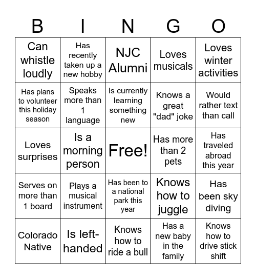 NJC Foundation Board Bingo Card