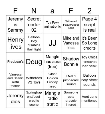FNaF Movie 2 Bingo Card