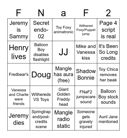 FNaF Movie 2 Bingo Card