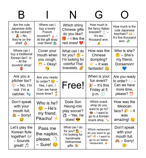 B9 L1 How was the Chinese dumpling? 🥟 – It was fantastic! 😋 Bingo Card