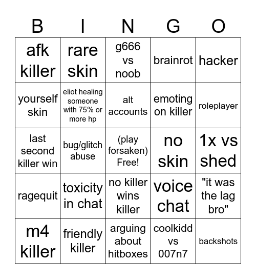 Forsaken Bingo Card