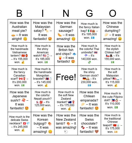 B9 L5  How was the Austrian strudel? 🥧 – It was fantastic! 🤩 Bingo Card