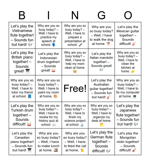 B9 L14 Let’s play the Swiss piano together! – Sounds fun but hard! 🎹 Bingo Card