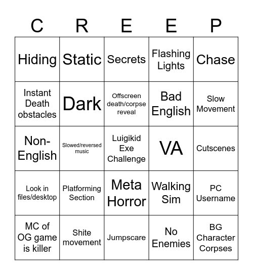 Exe Game Bingo Card