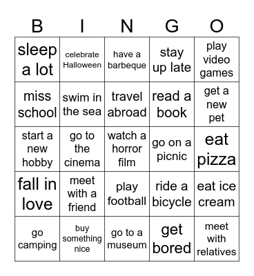 Summer holidays. Find someone who Bingo Card