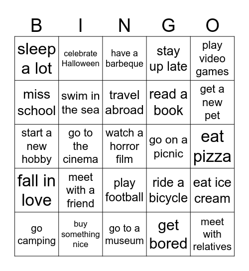 Summer holidays. Find someone who Bingo Card