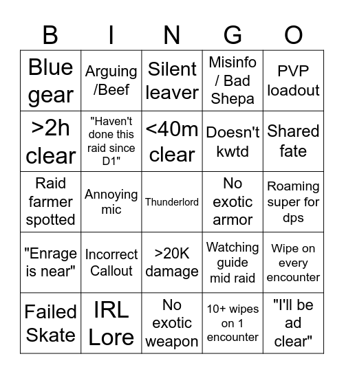 LFG Bingo Card