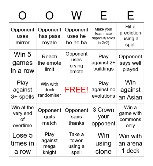 Clash Royale Bingo Card