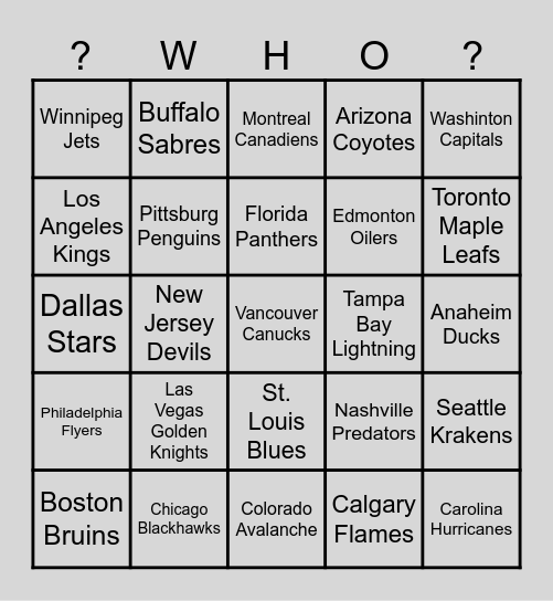 NHL Mascot Q&A Bingo Card