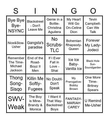 90's Singo Paint&Vibe Bingo Card
