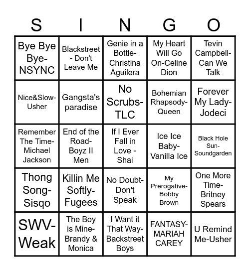 90's Singo Paint&Vibe Bingo Card