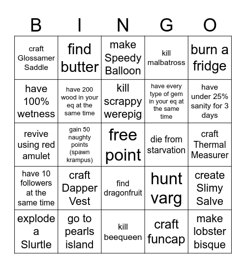 dont starve dumb bingo Card