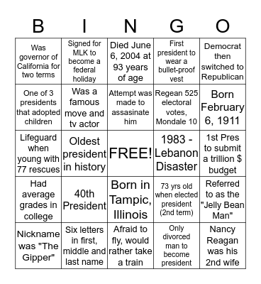 Ronald Wilson Reagan Bingo Card