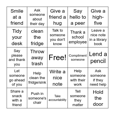 World Kindness Day Bingo Card