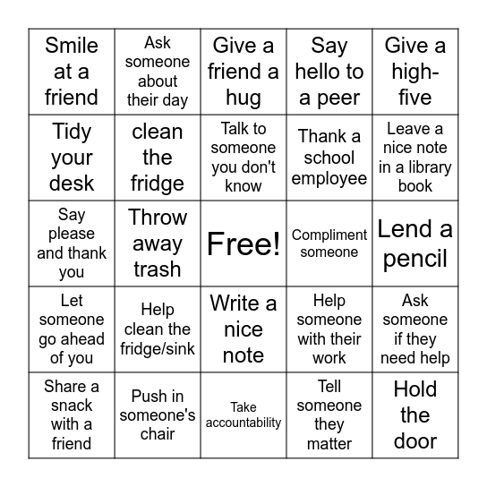 World Kindness Day Bingo Card