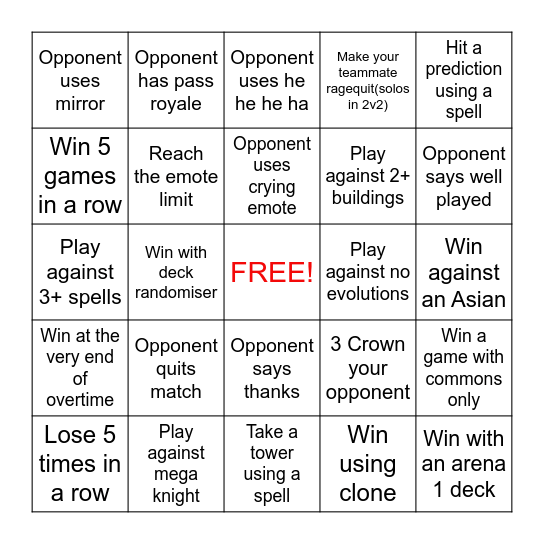 Clash Royale Bingo Card