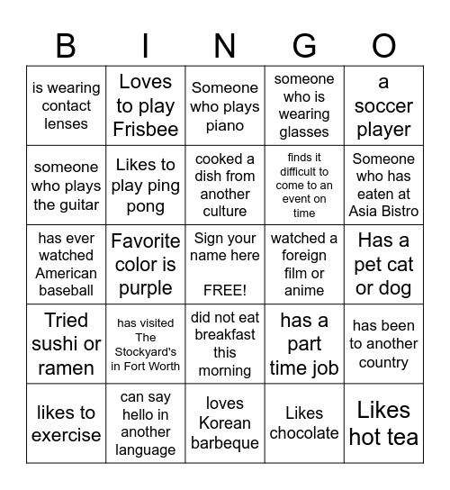 Cultural Bingo Card