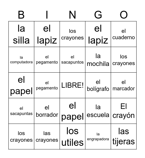 spanish bingo Card