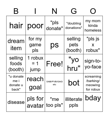 pls donate bingo Card