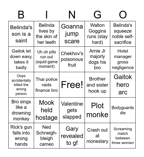 White Lotus Plot Points Bingo Card
