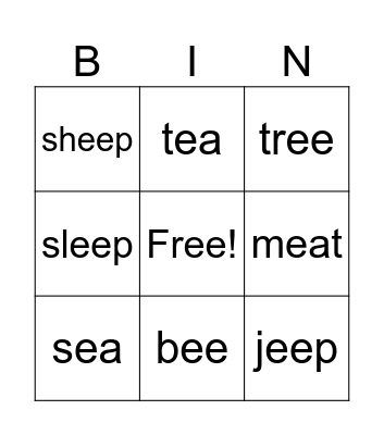 Long vowel e Bingo Card