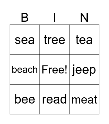 Long vowel e Bingo Card