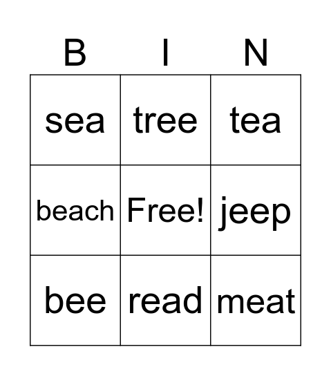 Long vowel e Bingo Card