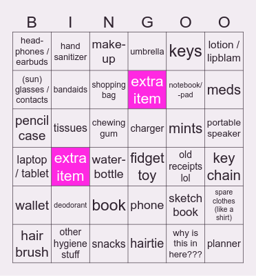 What's in my bag Bingo Card