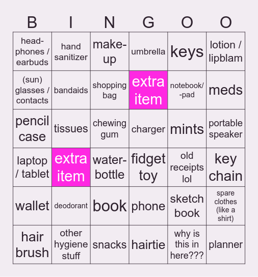 What's in my bag Bingo Card