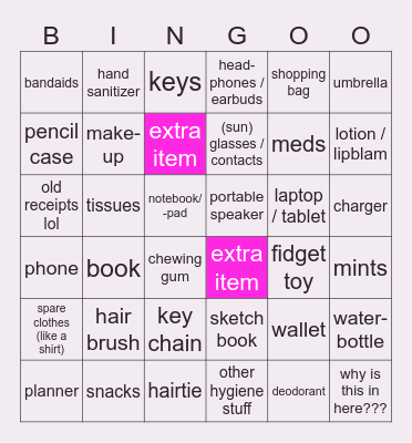 What's in my bag Bingo Card